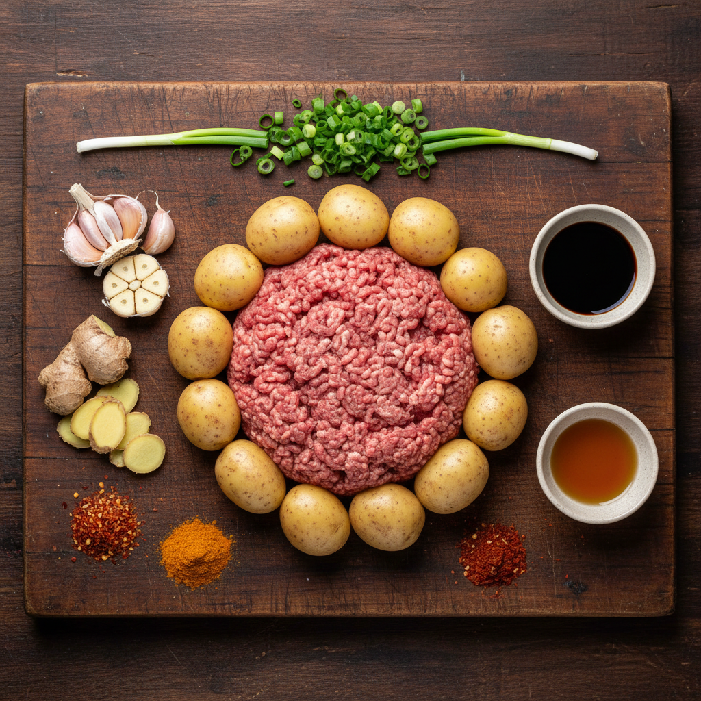 Ingredients for Korean Ground Beef Bowl displayed