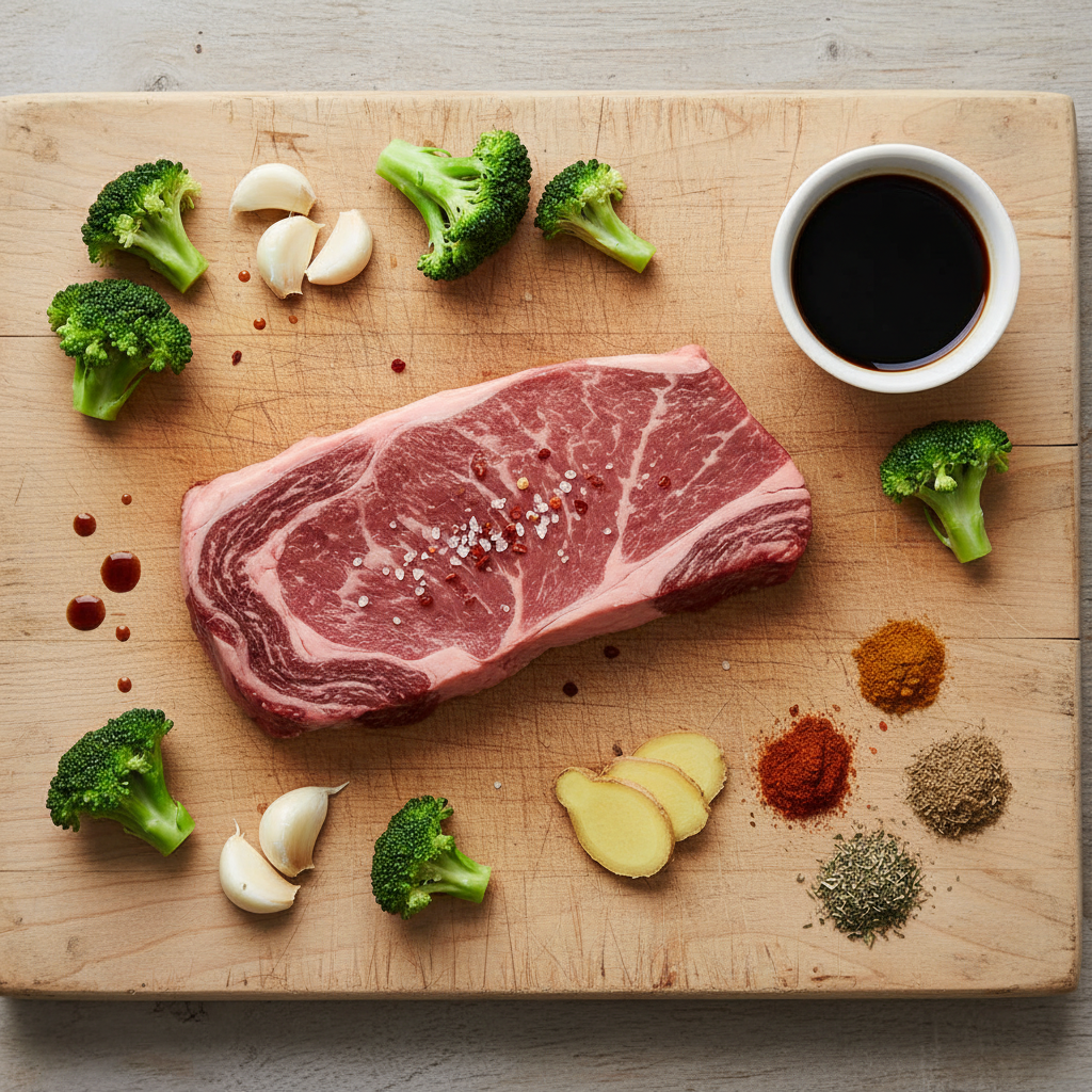 Fresh ingredients for beef and broccoli stir-fry