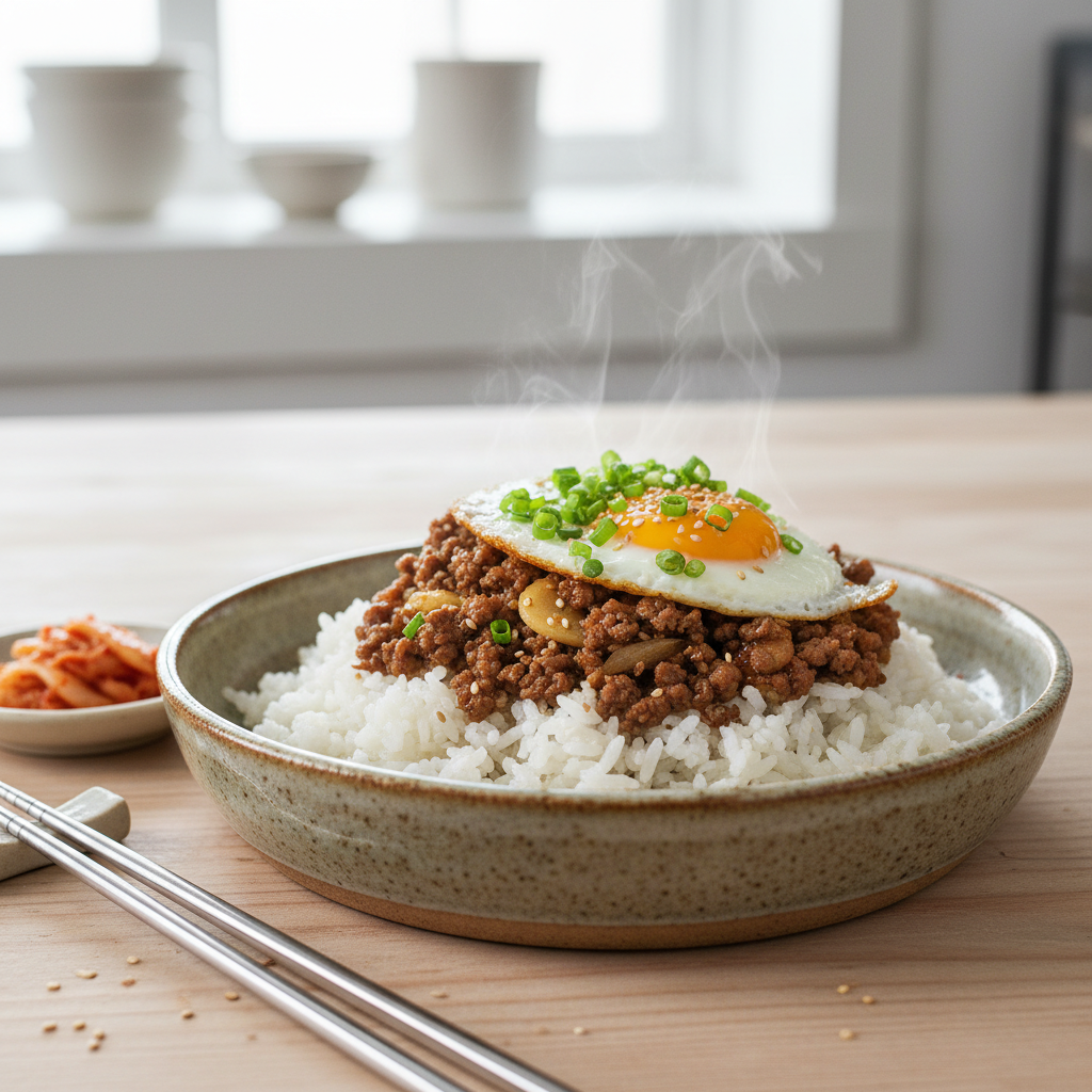 Completed Korean Ground Beef Bowl ready to serve