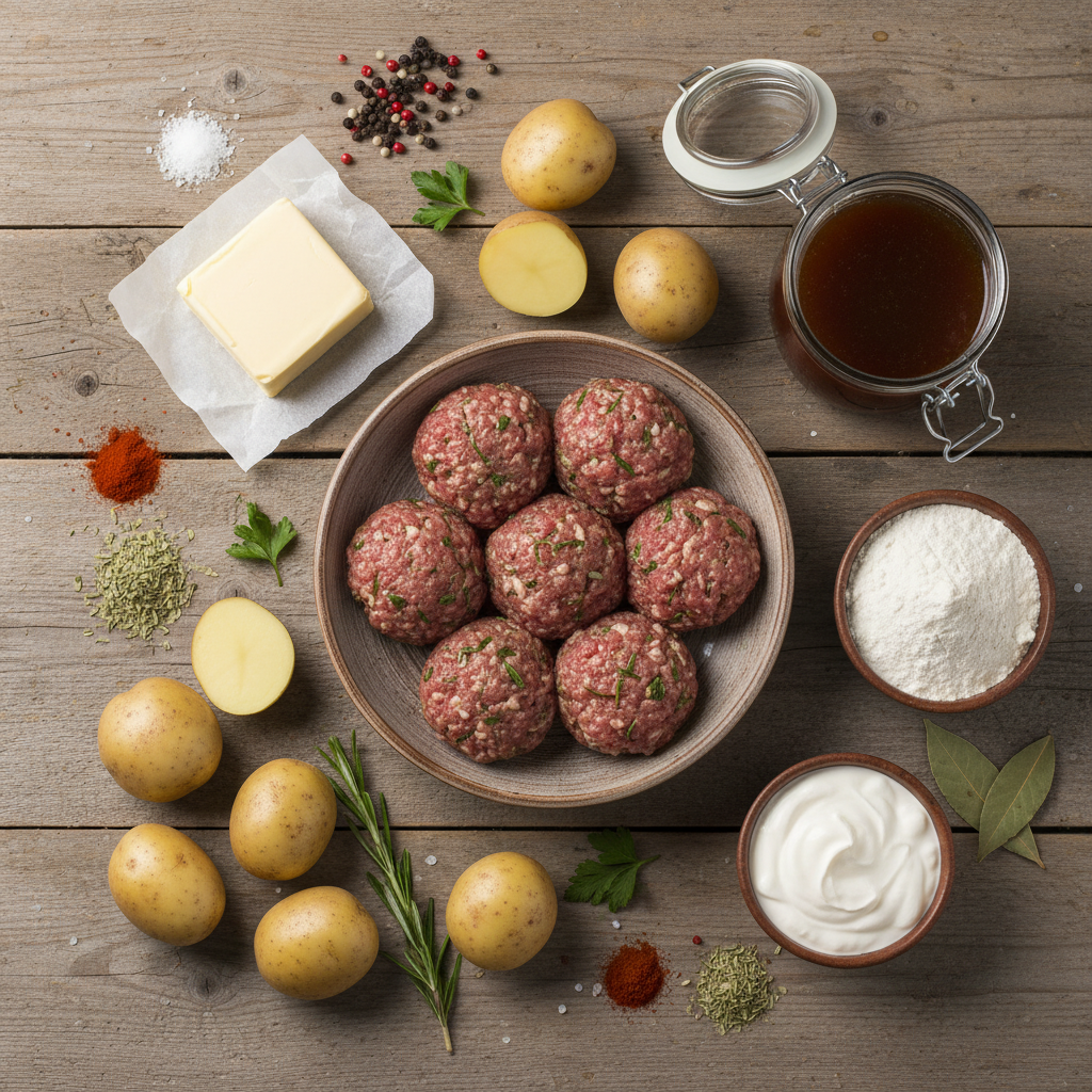 Ingredients for Swedish meatballs including package of frozen meatballs, butter, flour, beef broth, and sour cream