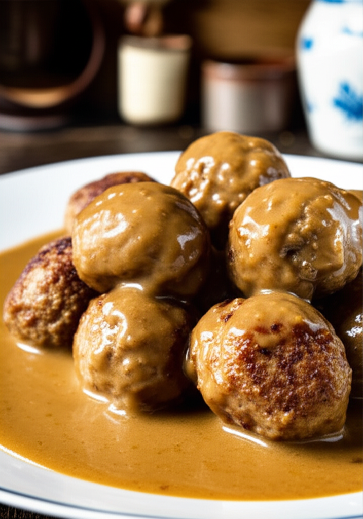 Plate of Swedish meatballs with creamy gravy and lingonberry jam