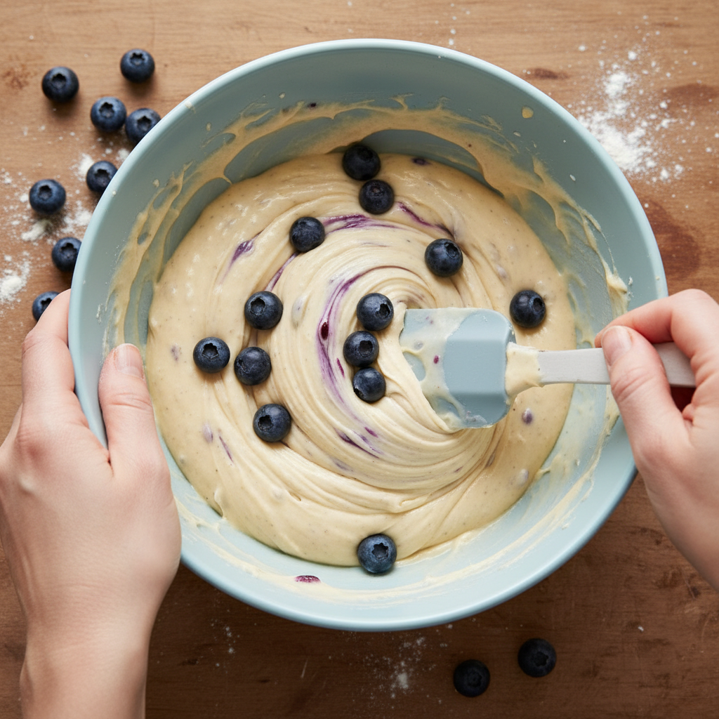 Folding blueberries into muffin batter