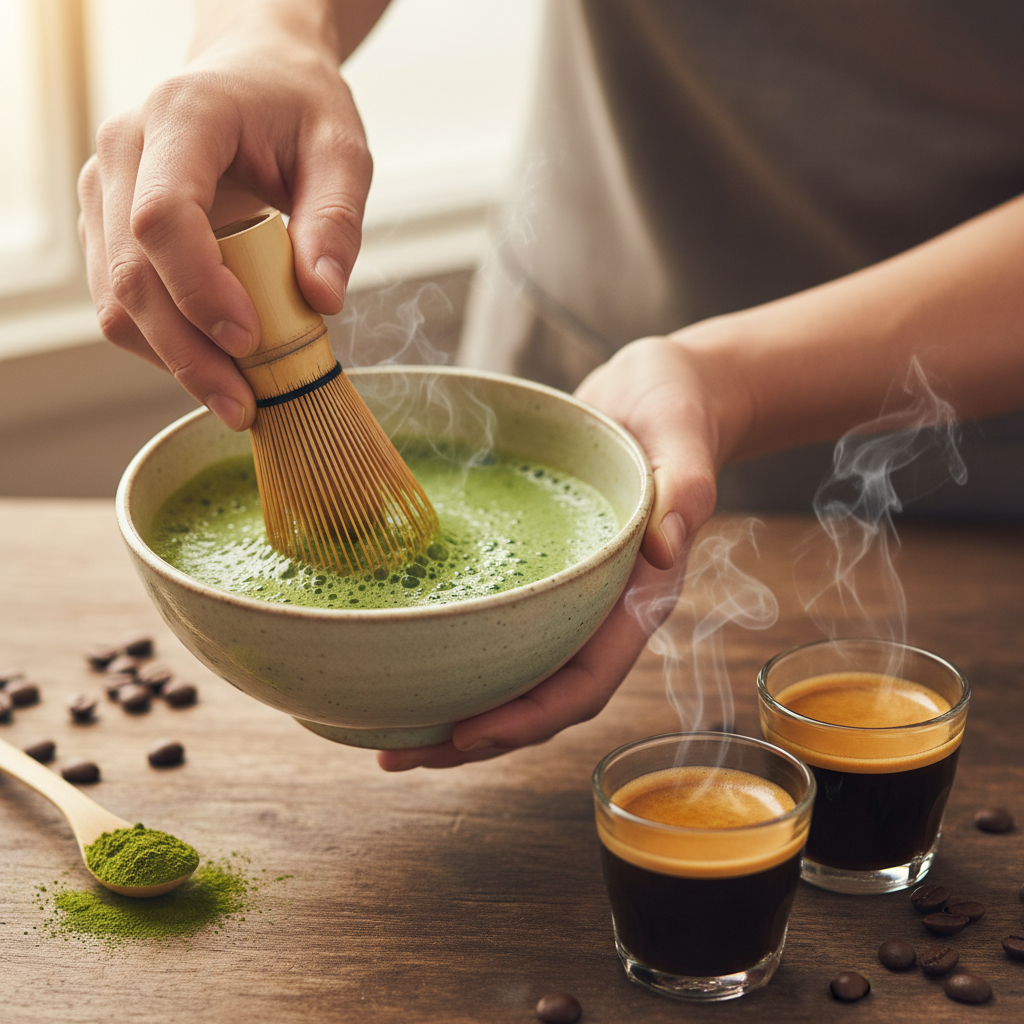 Mixing matcha powder in hot water