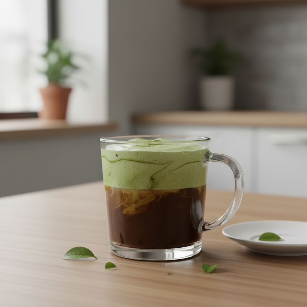 Completed Dirty Matcha Latte with layers close up