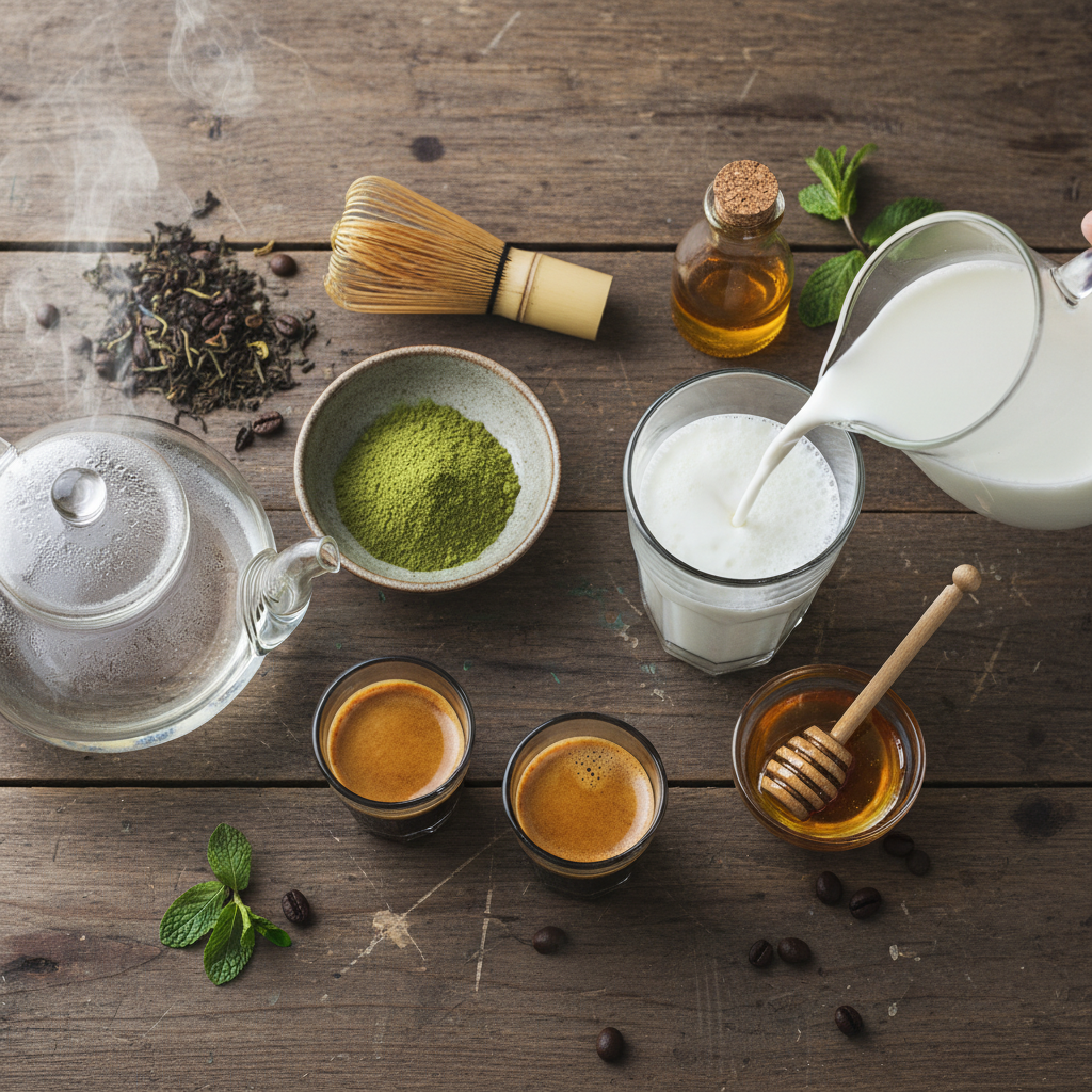 Ingredients for making Dirty Matcha Latte on a table