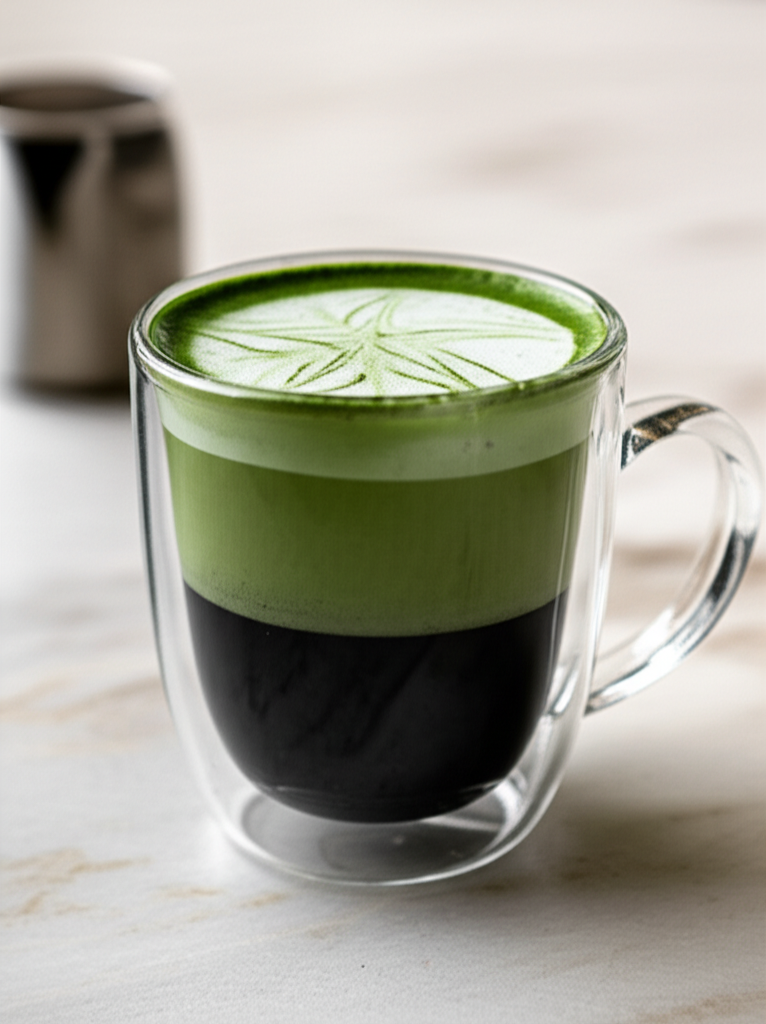 Dirty Matcha Latte served in a clear glass
