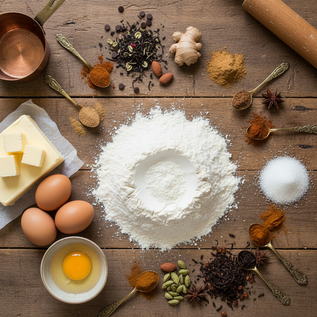 Bowls and utensils for making chai latte cookies