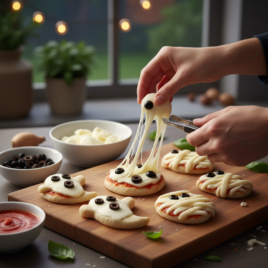 Mini Halloween pizzas with ghost mozzarella toppings