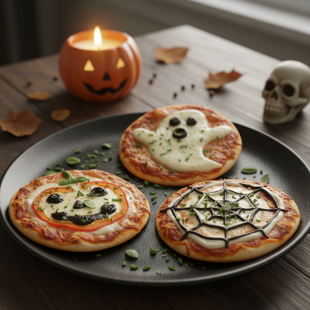 Family enjoying Mini Halloween Pizzas together