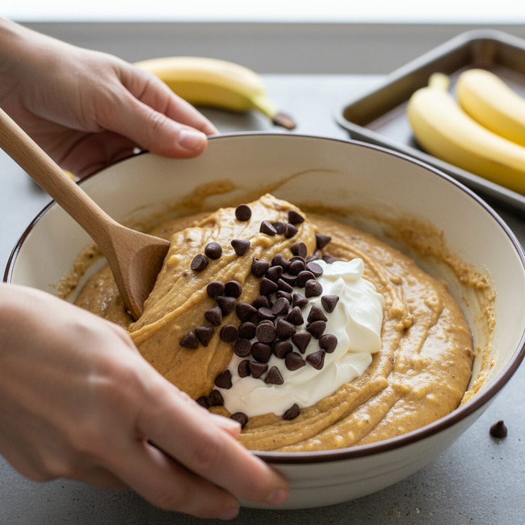 Adding sour cream and chocolate chips into double chocolate banana bread batter