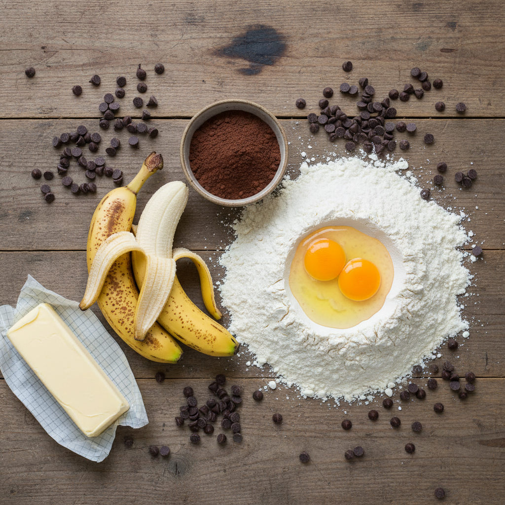 Ingredients for double chocolate banana bread including bananas, cocoa, eggs and chocolate chips