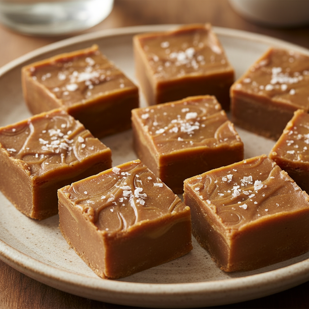 Cut dulce de leche fudge squares sprinkled with sea salt