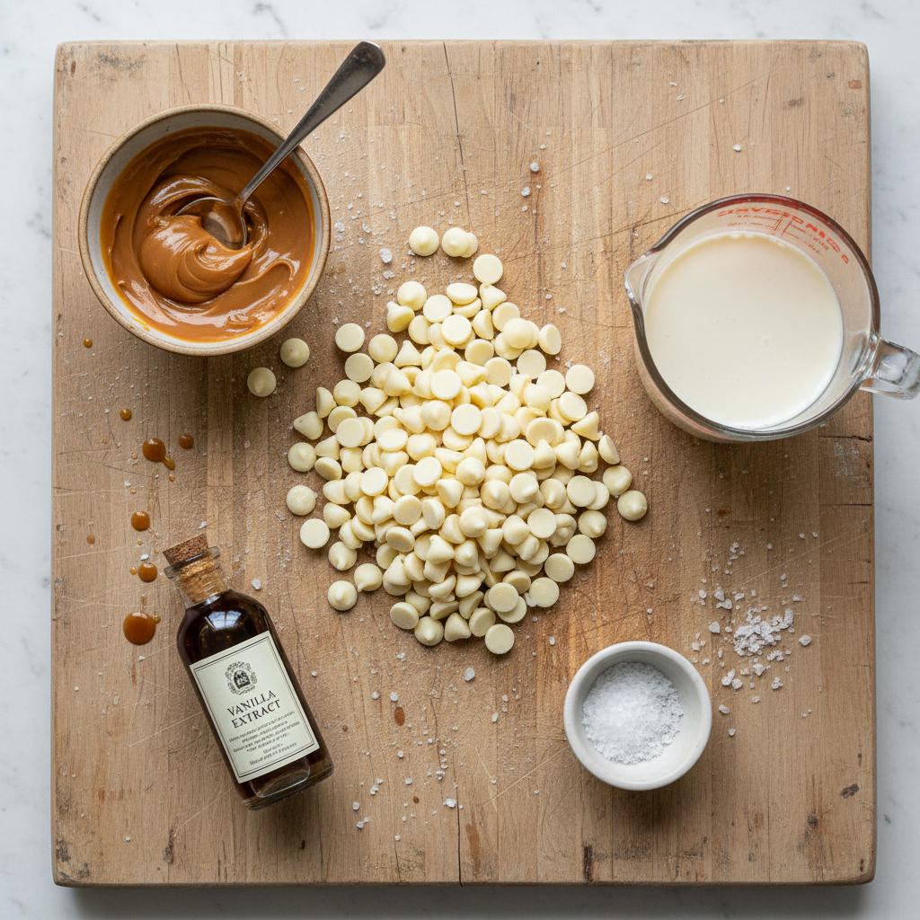 Ingredients for dulce de leche fudge laid out