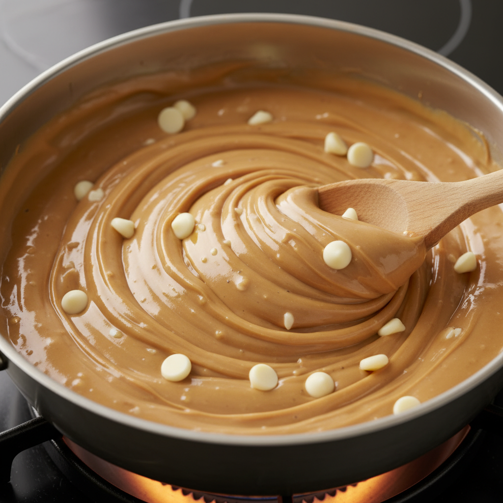 Melting white chocolate chips and sweetened condensed milk in saucepan