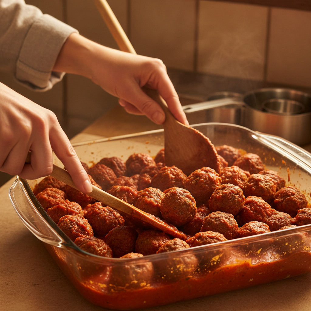 Mixing meatballs with marinara sauce