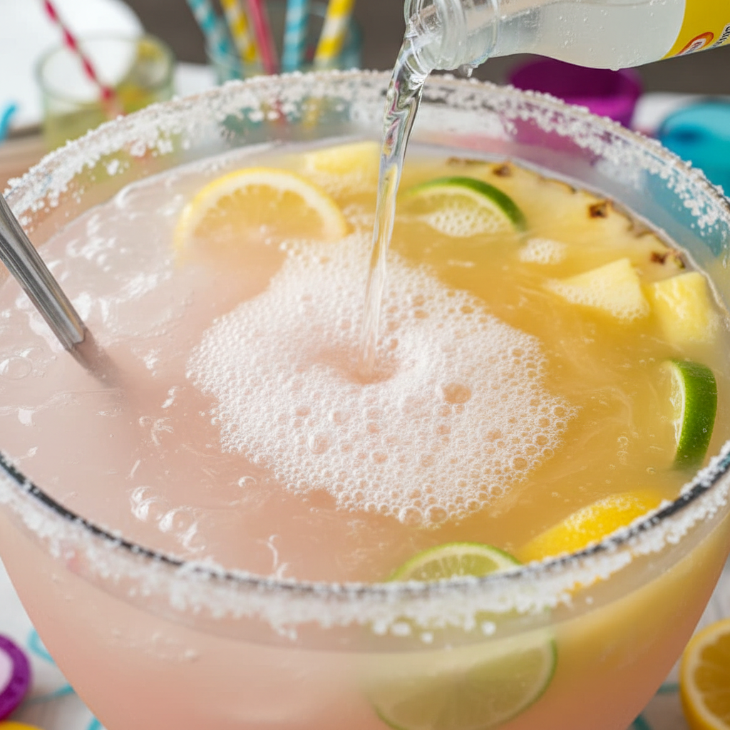 Mixing lemon-lime soda into punch bowl slowly to keep bubbles