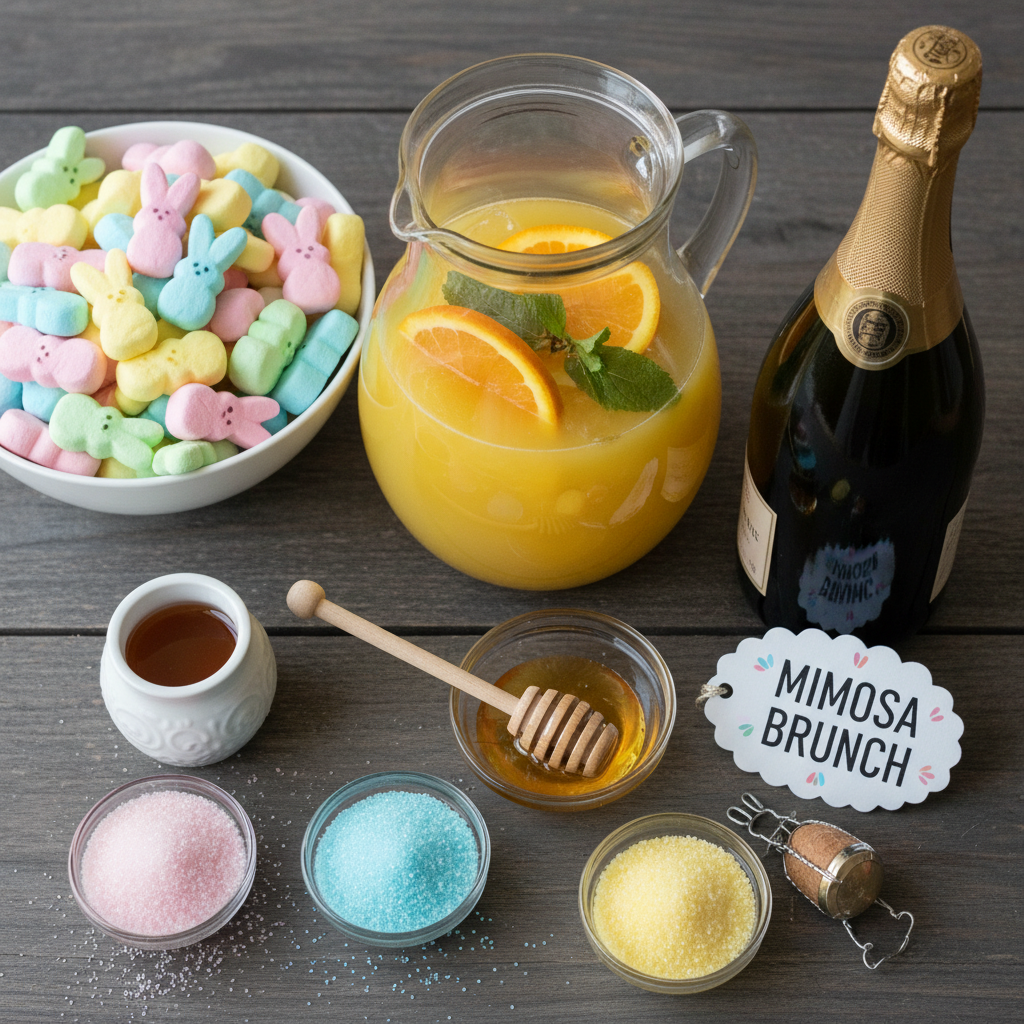 Ingredients for Easter Peeps Mimosa including Peep marshmallow and sugar