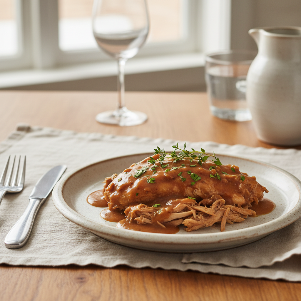 Shredded chicken and gravy ready in casserole dish