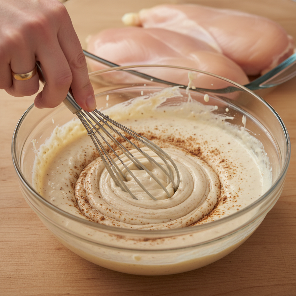 Mixing cream of chicken soup and gravy mix in a bowl
