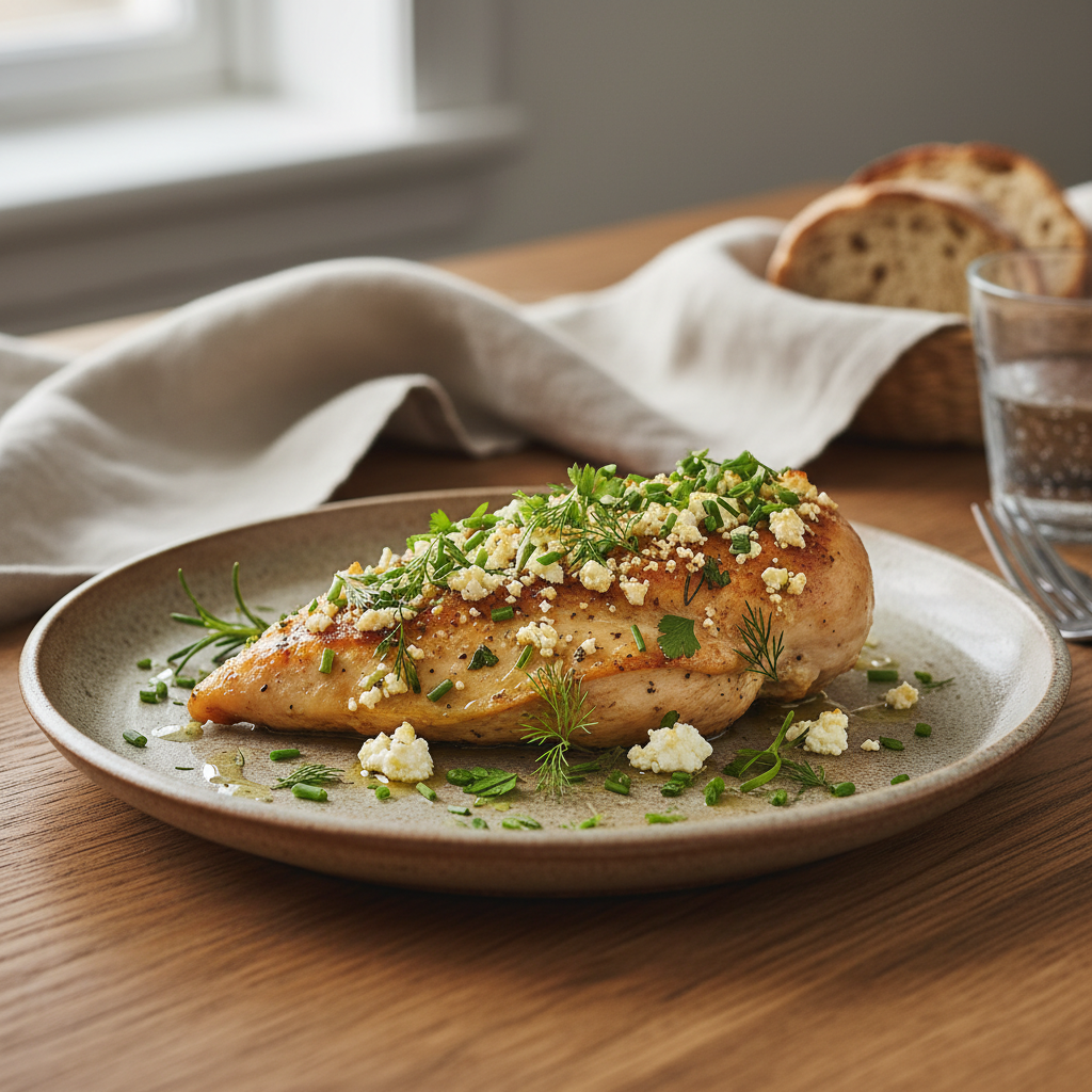 Served baked ricotta chicken dish with sides