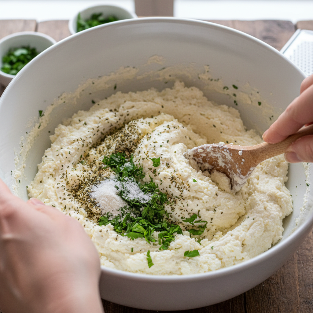 Mixed ricotta cheese filling in a bowl