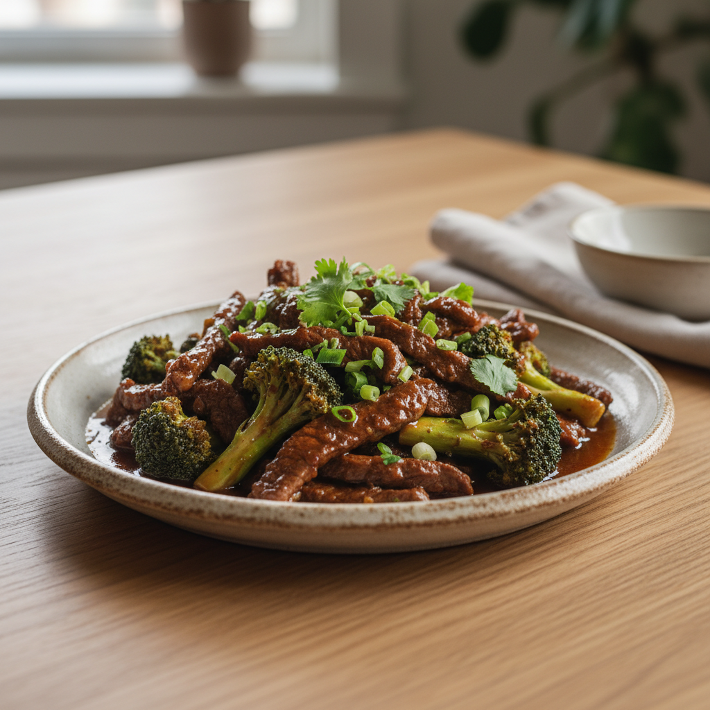 Finished served beef and broccoli meal