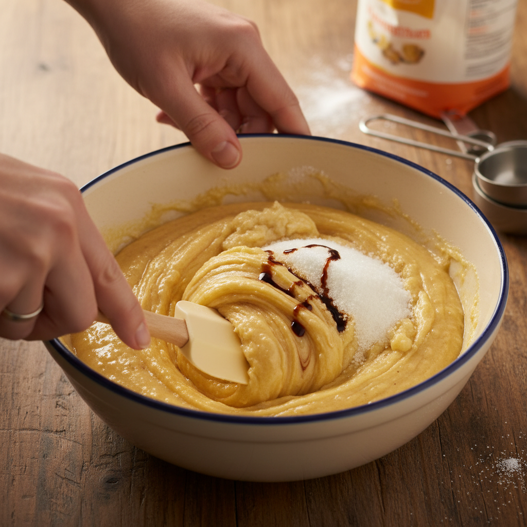 Mixing wet ingredients for banana bread cookies