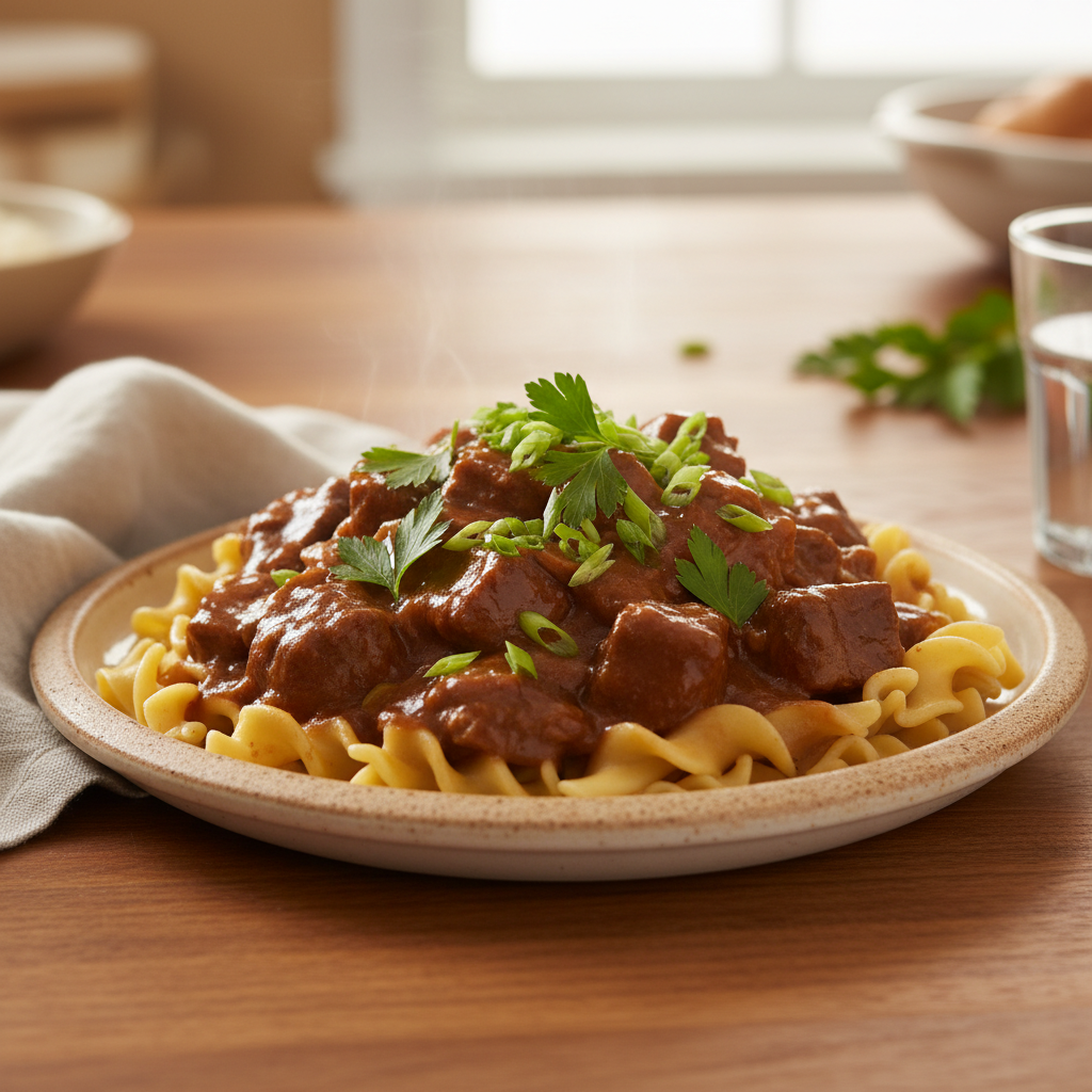 Serving beef and noodles with sides