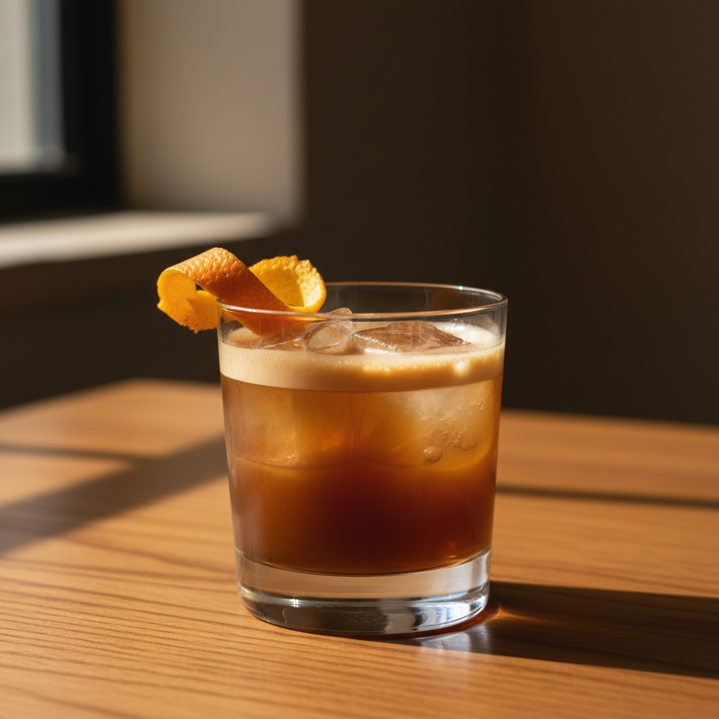 Carajillo cocktail with orange garnish