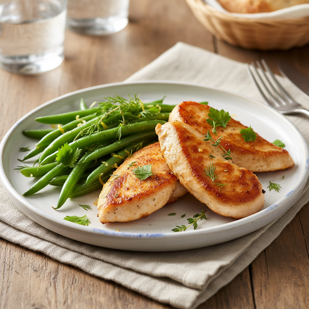 Cooked chicken and green beans plated and ready