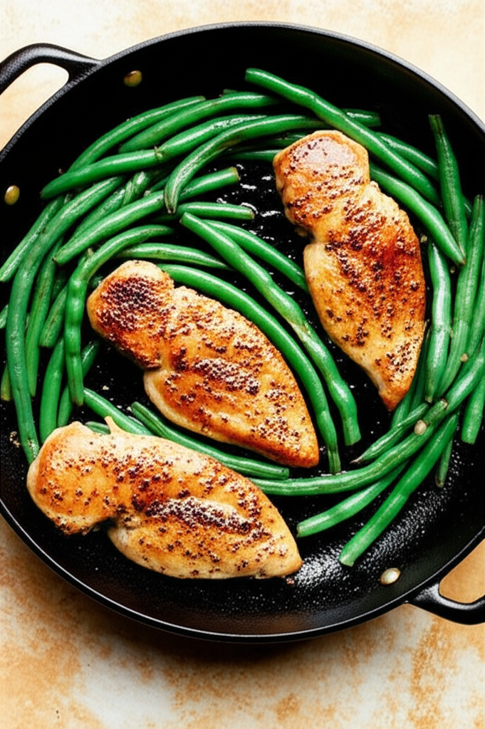 Chicken breast with green beans plated dinner
