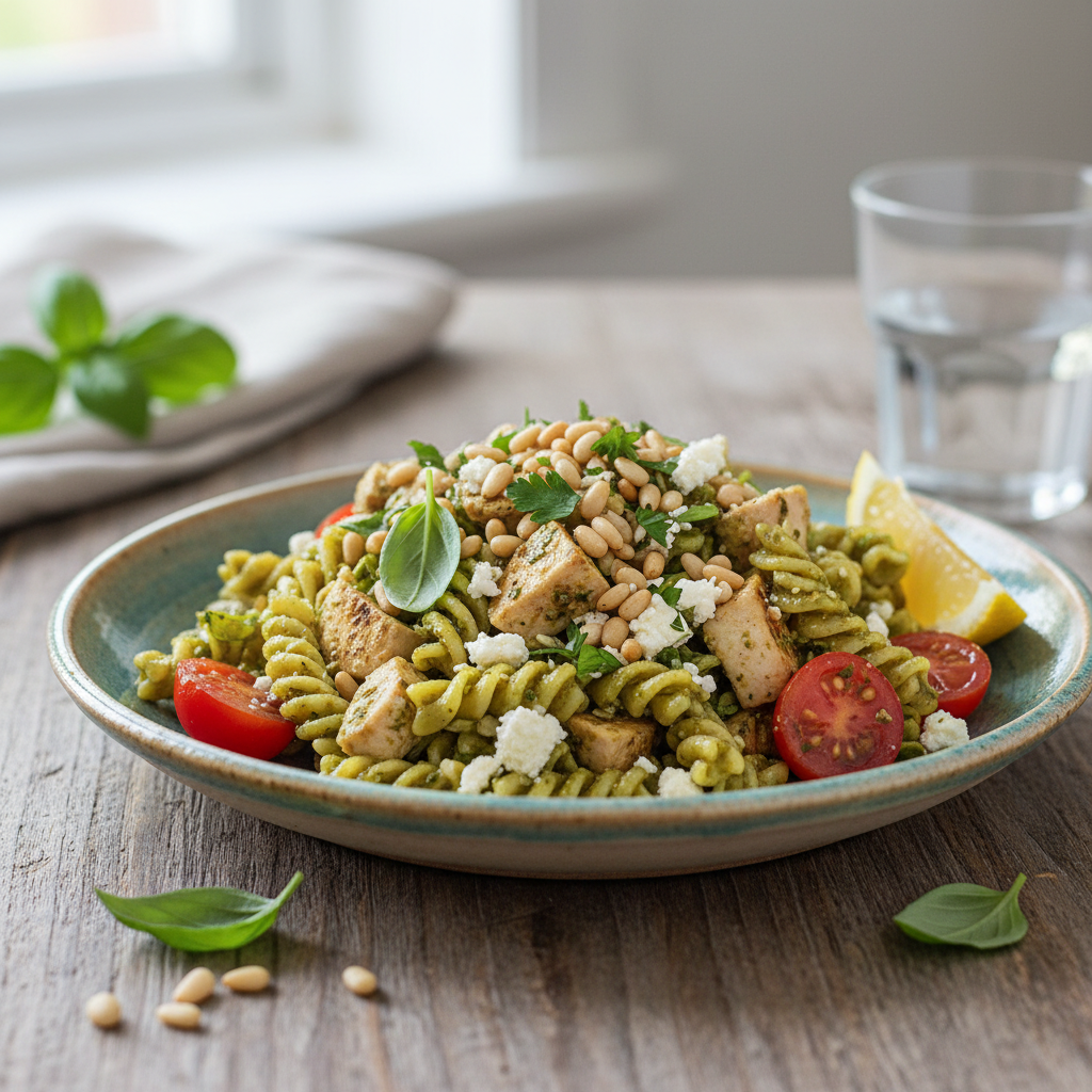 Chicken Pesto Pasta Salad served with side dishes
