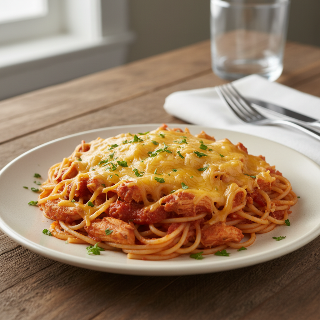 Golden baked chicken spaghetti cooling before serving