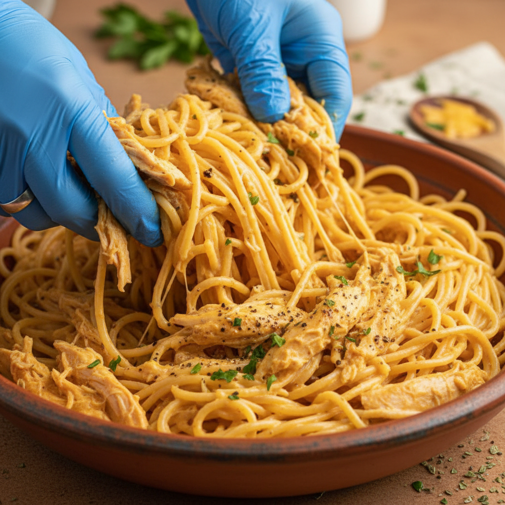 Mixing chicken spaghetti ingredients in bowl