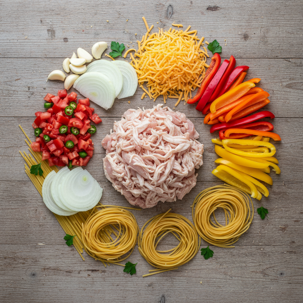 Ingredients for chicken spaghetti laid out on a surface