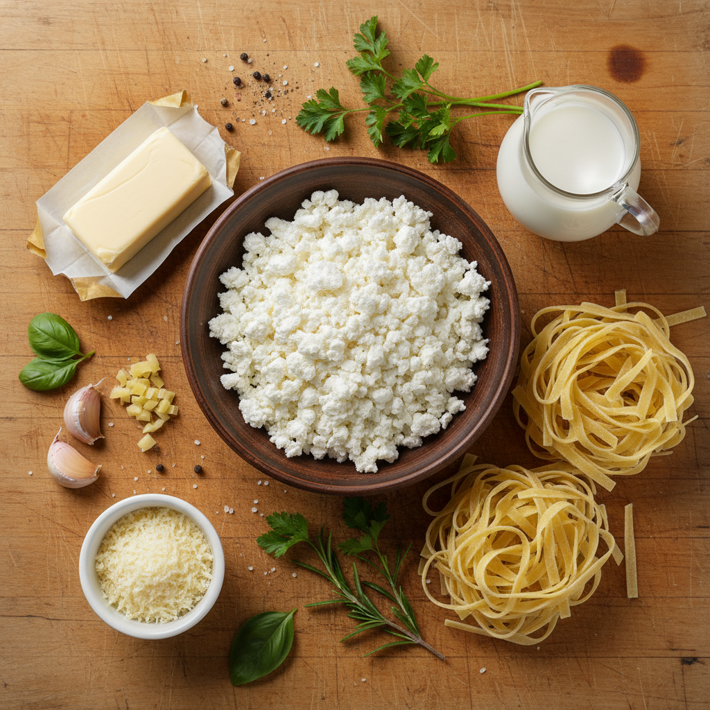 Ingredients laid out for Cottage Cheese Alfredo Sauce