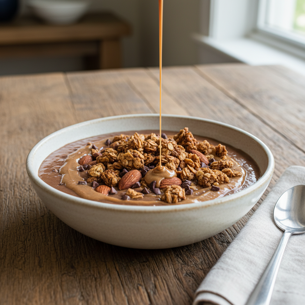Chocolate Almond Butter Crunch Smoothie with toppings