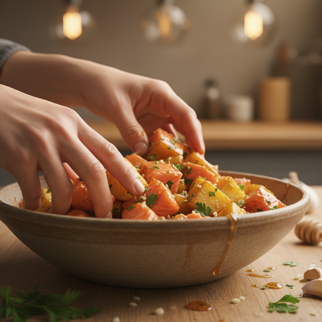 Mixing honey, soy sauce, and garlic glaze in a bowl