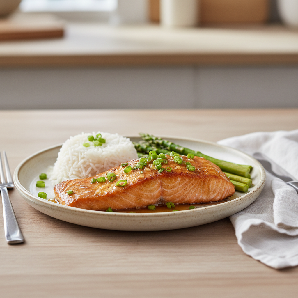 Crispy Honey Garlic Glazed Salmon served with sides