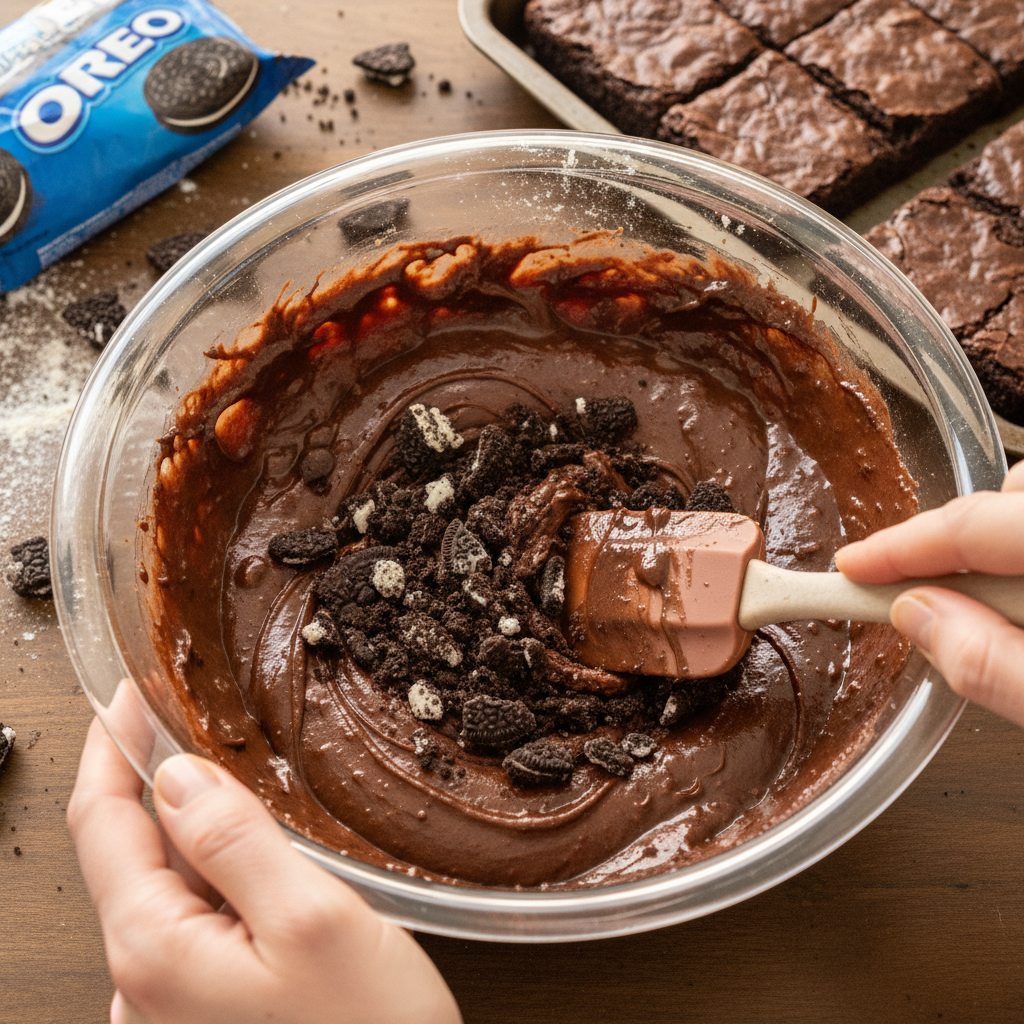 Oreos folded gently into brownie batter