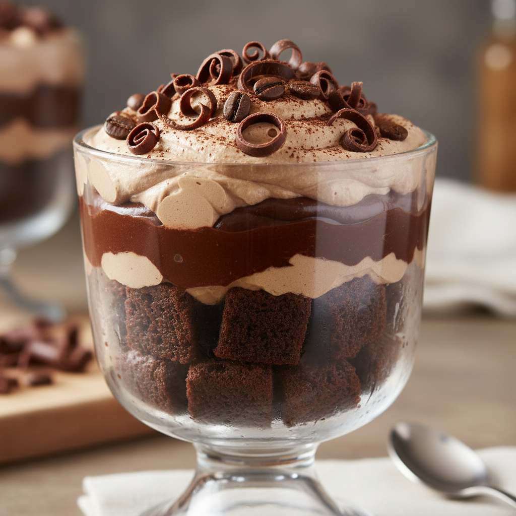 Mocha trifle dessert close-up on table