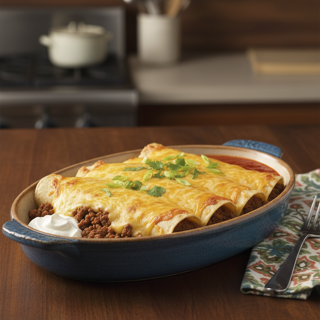 Baked ground beef enchiladas with melted cheese served on a plate