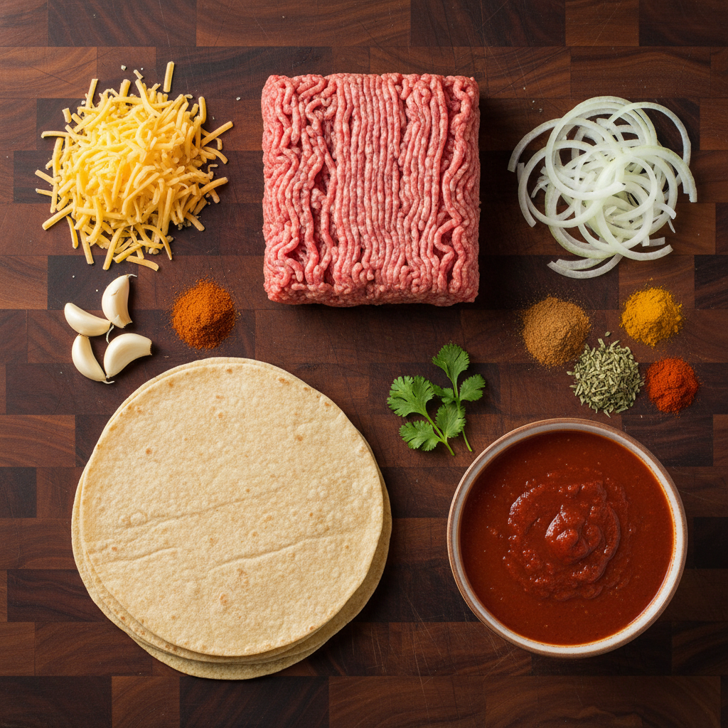 Ingredients for ground beef enchiladas including beef, tortillas, cheese, and spices