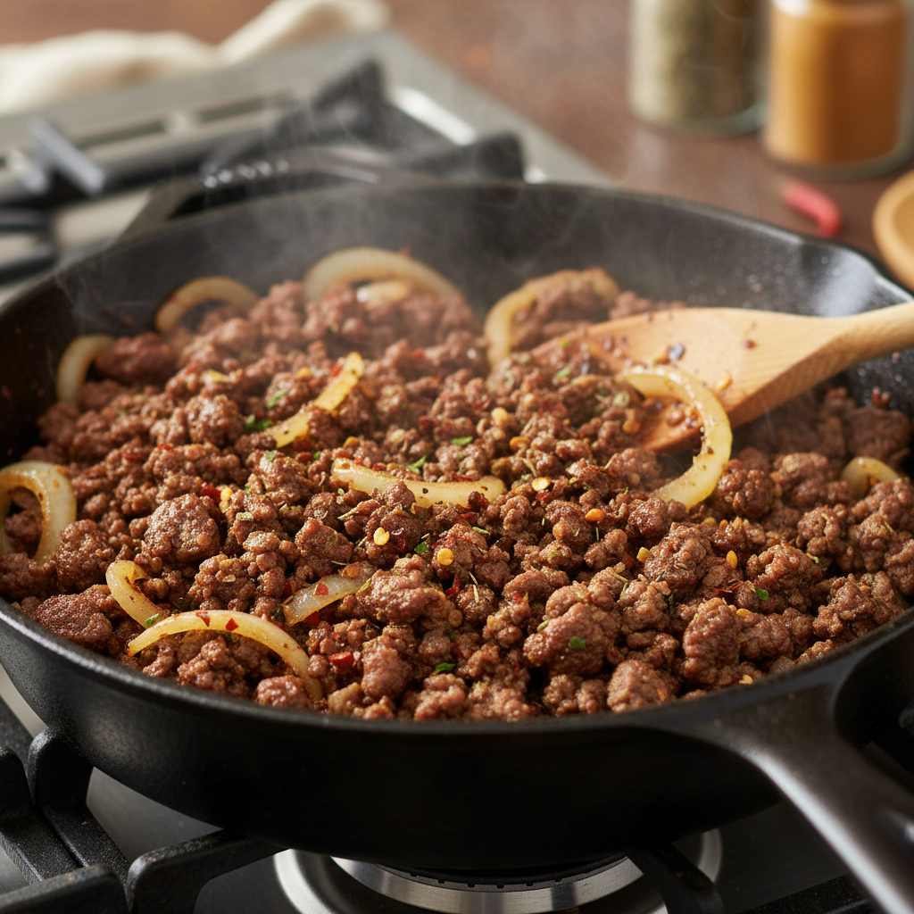 Ground beef cooking with onions and spices in skillet