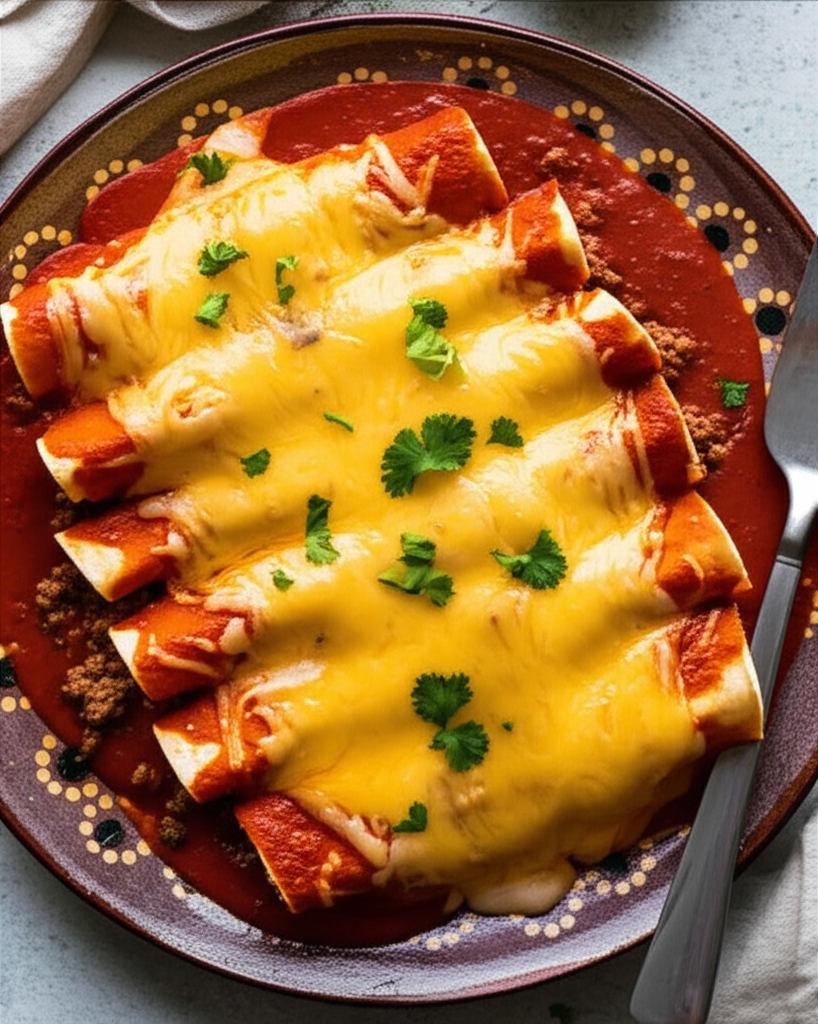 Platter of ground beef enchiladas with cheese and sauce