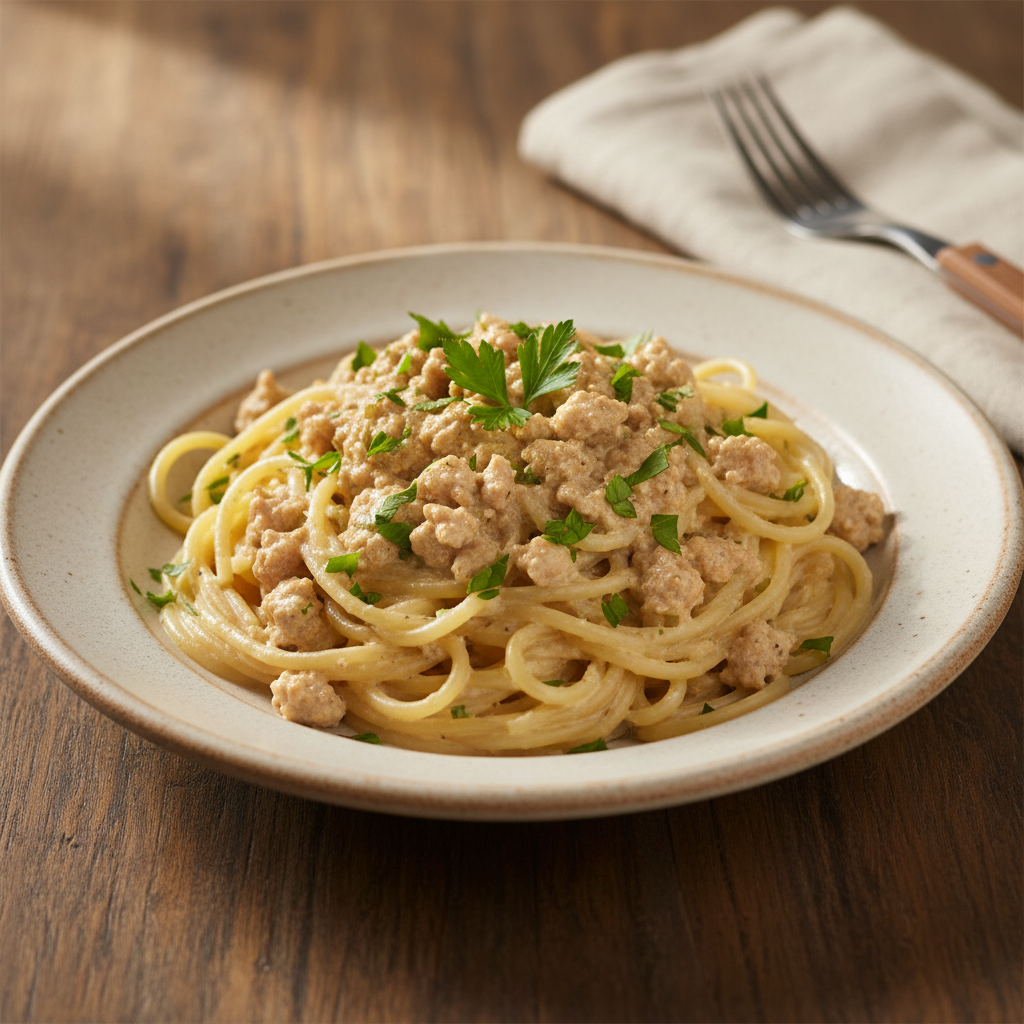 Creamy ground turkey pasta served with fresh parsley garnish