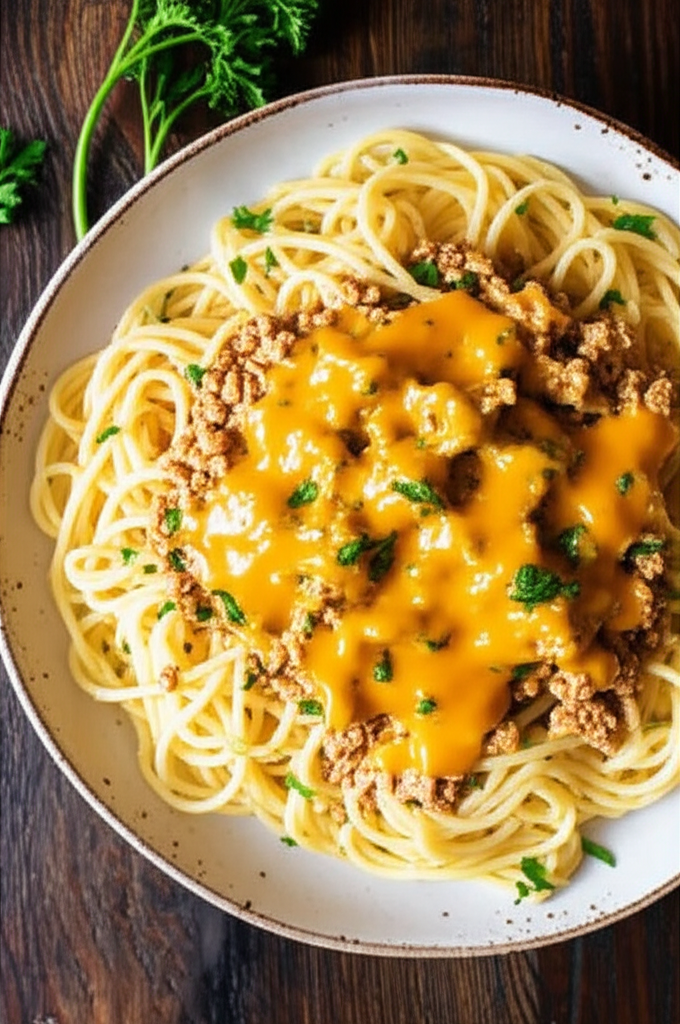 Creamy ground turkey spaghetti in a bowl