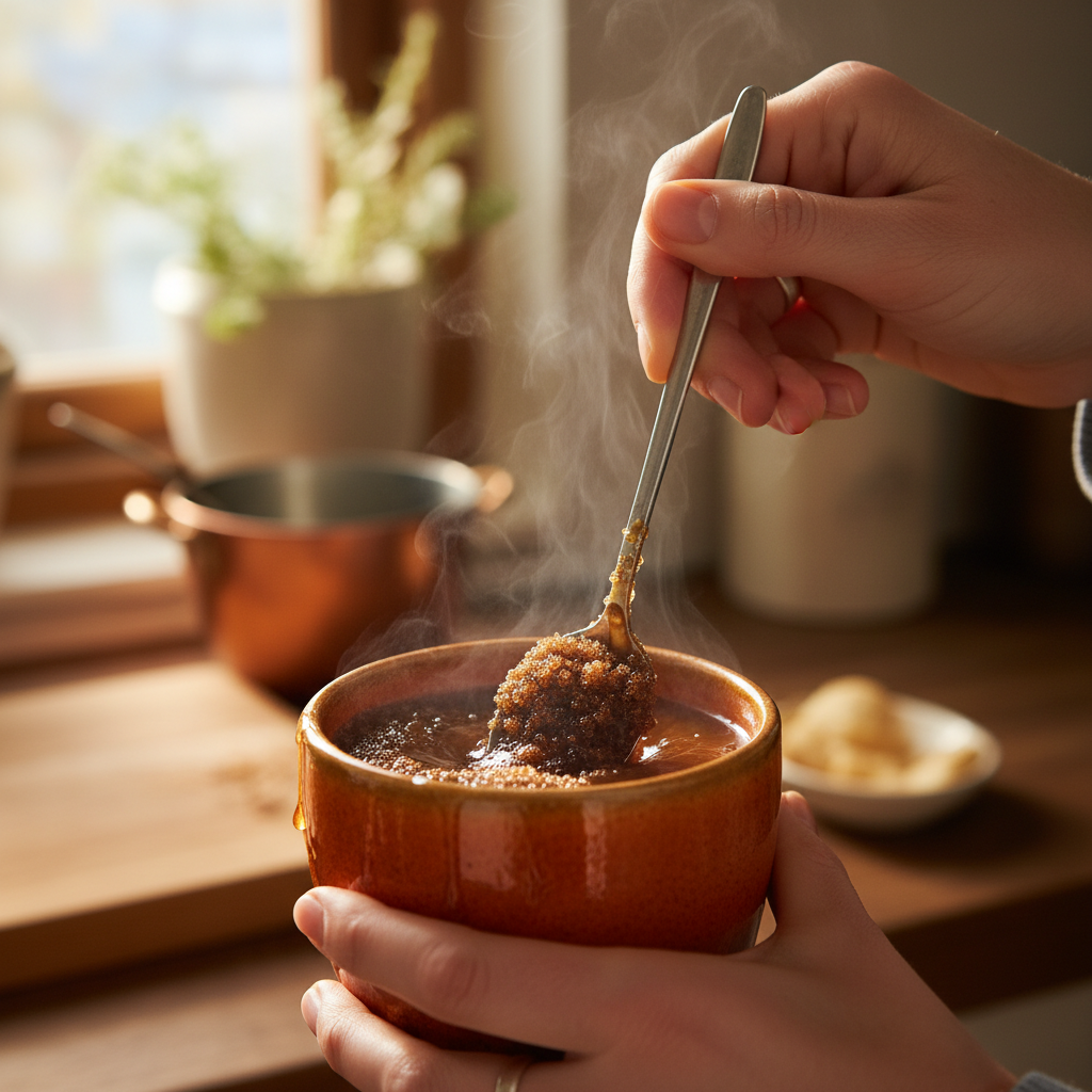 Mixing whiskey and sugar in mug