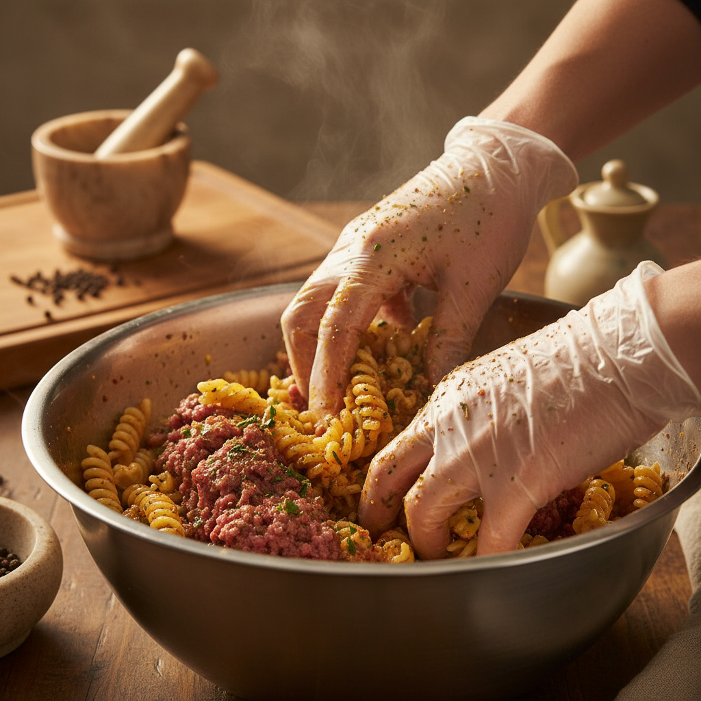 Ground beef browning in skillet for Mongolian noodles