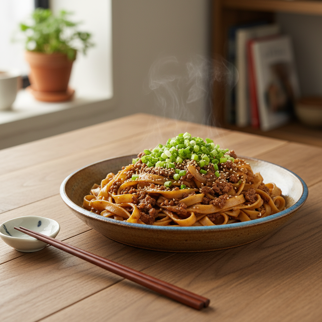 Easy Mongolian Ground Beef Noodles plated with garnish